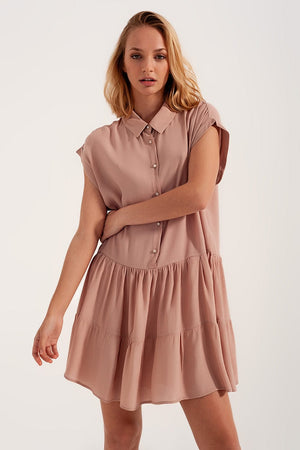 Q2 Women's Dress Tiered Hem Shirt Dress in Light Pink