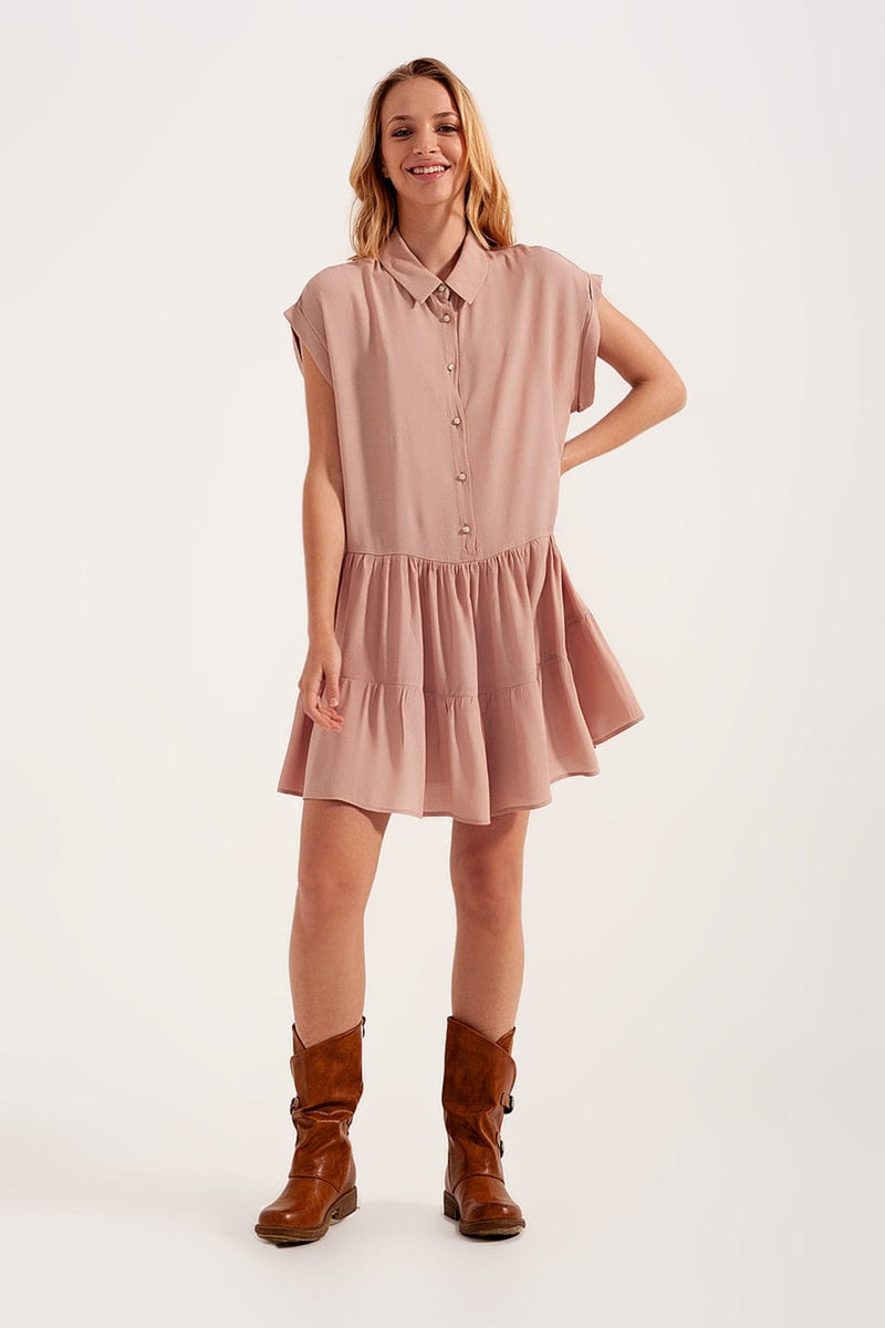 Q2 Women's Dress Tiered Hem Shirt Dress in Light Pink