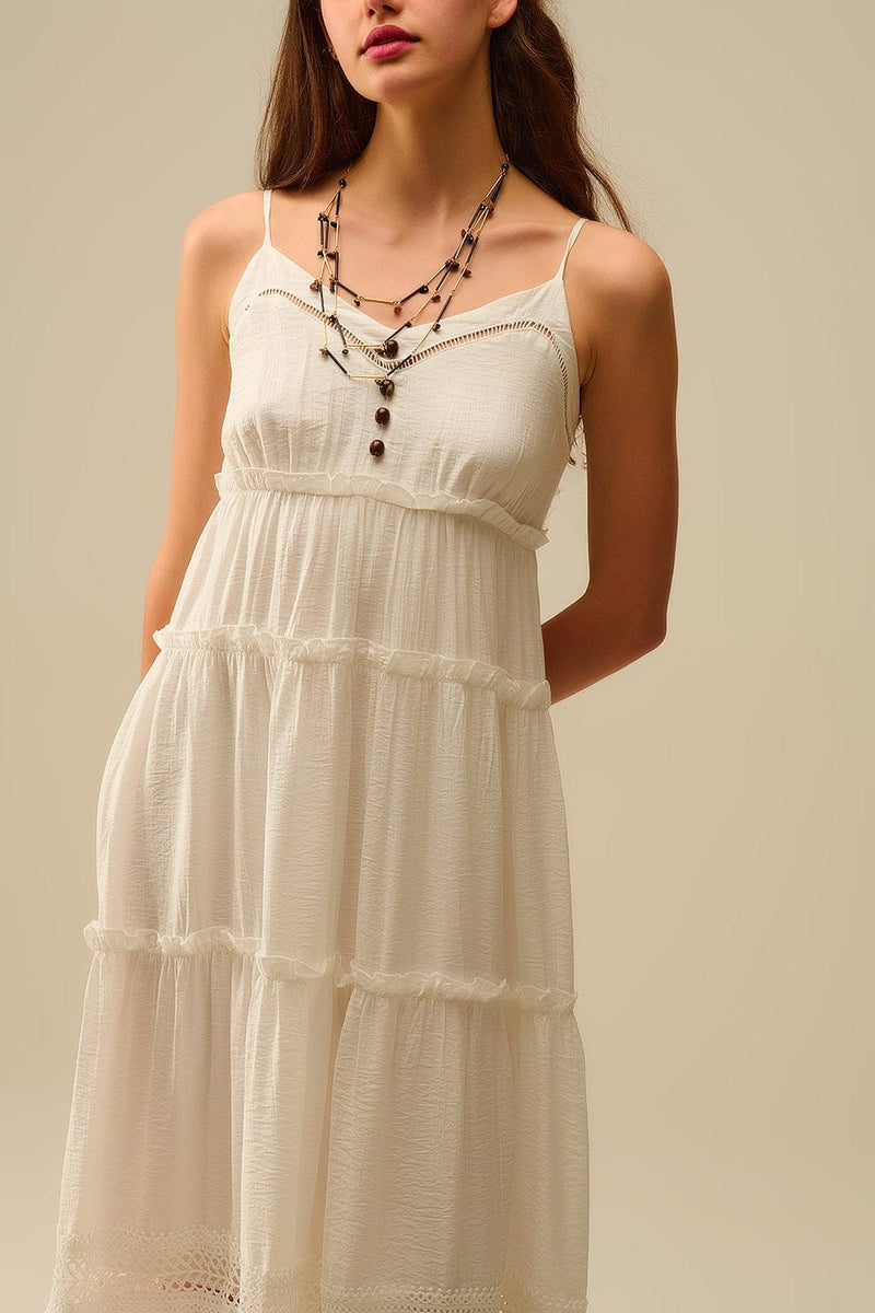 Q2 Women's Dress Tiered Maxi Dress With Lace Inserts In White