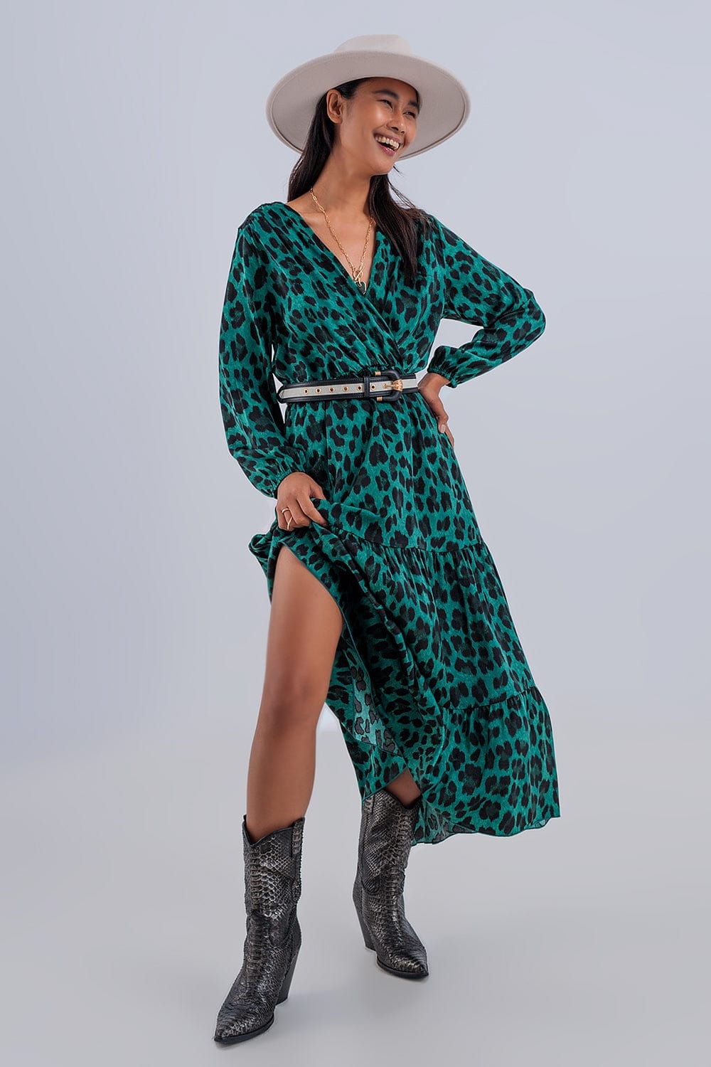 Q2 Women's Dress Tiered Maxi Wrap Dress with Long Sleeve in Green