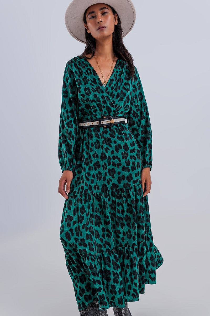 Q2 Women's Dress Tiered Maxi Wrap Dress with Long Sleeve in Green