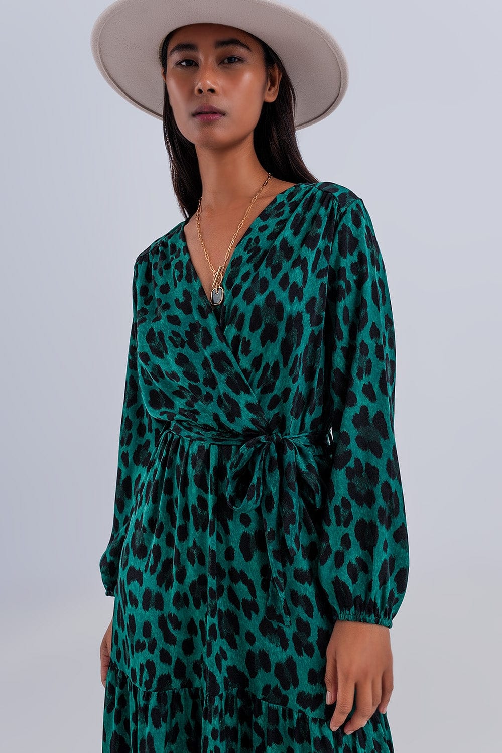 Q2 Women's Dress Tiered Maxi Wrap Dress with Long Sleeve in Green