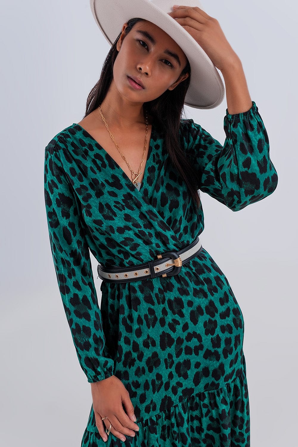 Q2 Women's Dress Tiered Maxi Wrap Dress with Long Sleeve in Green