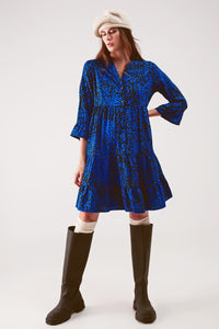 Q2 Women's Dress Tiered Mini Smock Dress in Blue Animal Print