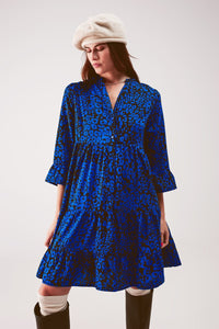 Q2 Women's Dress Tiered Mini Smock Dress in Blue Animal Print