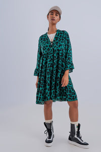 Q2 Women's Dress Tiered Smock Mini Dress in Green Animal Print