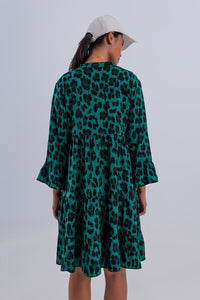 Q2 Women's Dress Tiered Smock Mini Dress in Green Animal Print