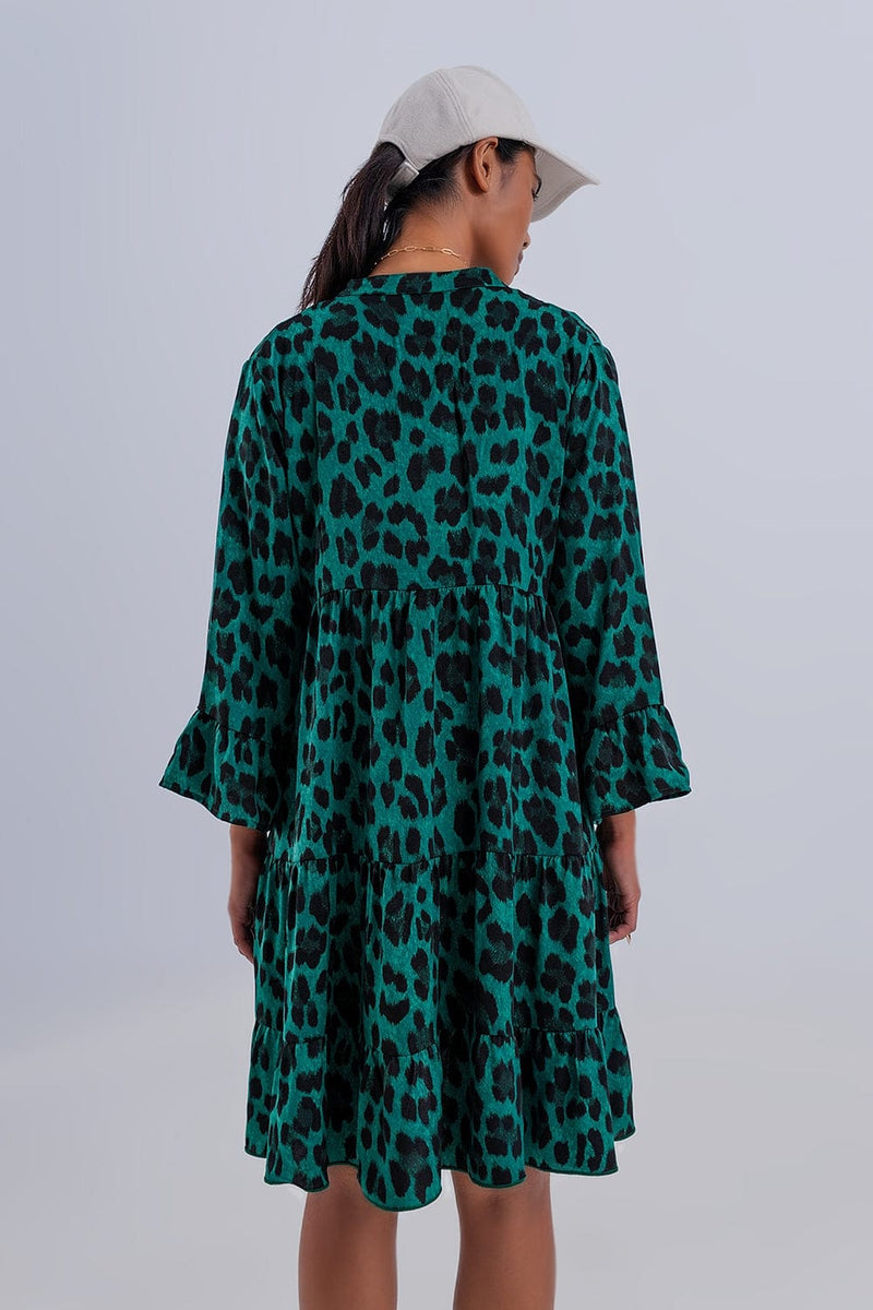 Q2 Women's Dress Tiered Smock Mini Dress in Green Animal Print