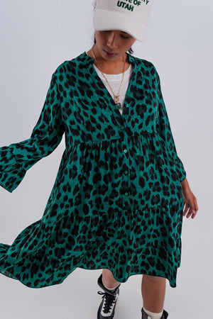 Q2 Women's Dress Tiered Smock Mini Dress in Green Animal Print