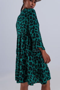 Q2 Women's Dress Tiered Smock Mini Dress in Green Animal Print