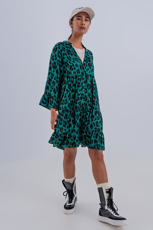 Q2 Women's Dress Tiered Smock Mini Dress in Green Animal Print