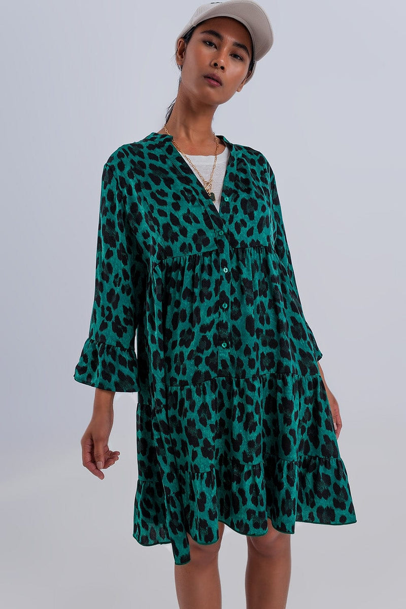 Q2 Women's Dress Tiered Smock Mini Dress in Green Animal Print