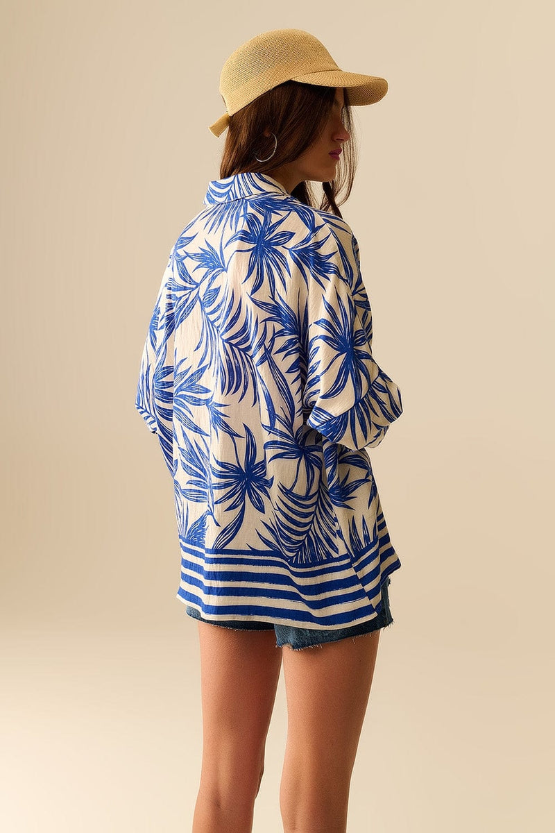 Q2 Women's Dress Tropical Motif Relaxed Blouse In Blue And White
