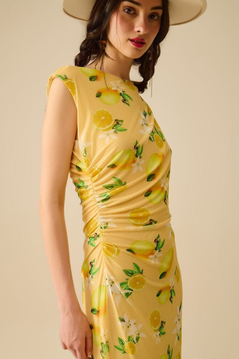 Q2 Women's Dress Tulle Dress With Side Rouching In Yellow Lemon Print