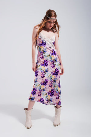 Q2 Women's Dress V Back Satin Midi Dress in Purple Clashing Floral Print