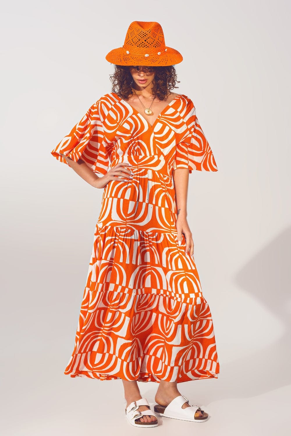 Q2 Women's Dress V neck Midi Dress with Print in Orange