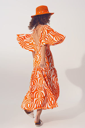 Q2 Women's Dress V neck Midi Dress with Print in Orange