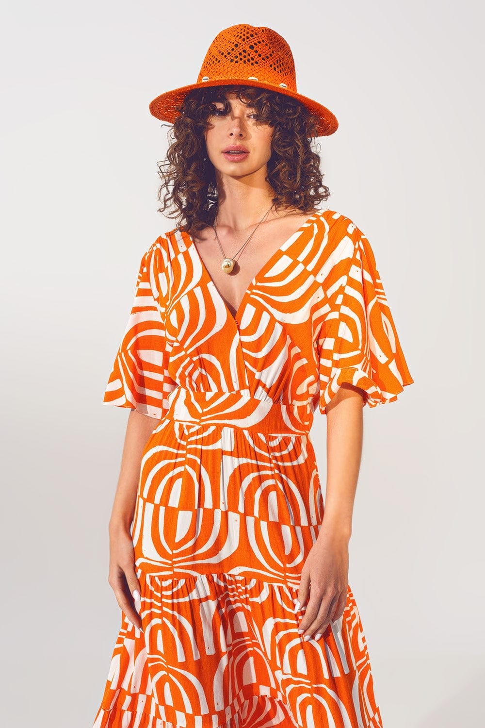 Q2 Women's Dress V neck Midi Dress with Print in Orange