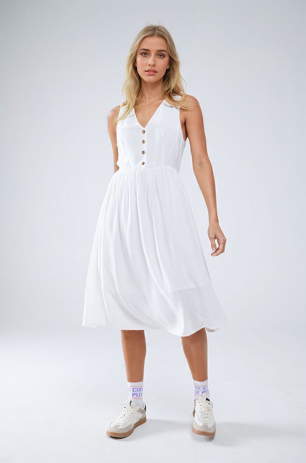 Q2 Women's Dress White Dress With Button Detail