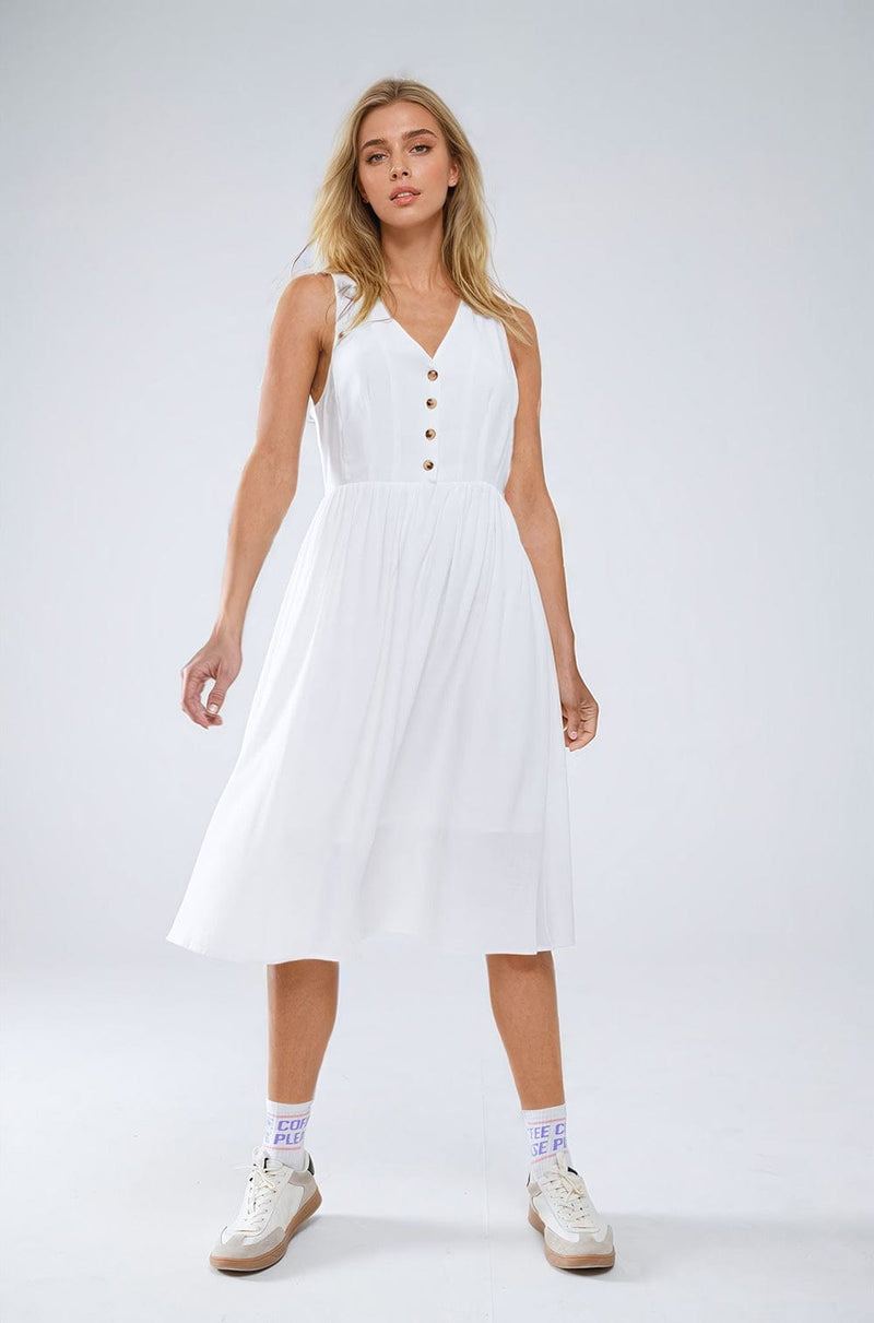 Q2 Women's Dress White Dress With Button Detail