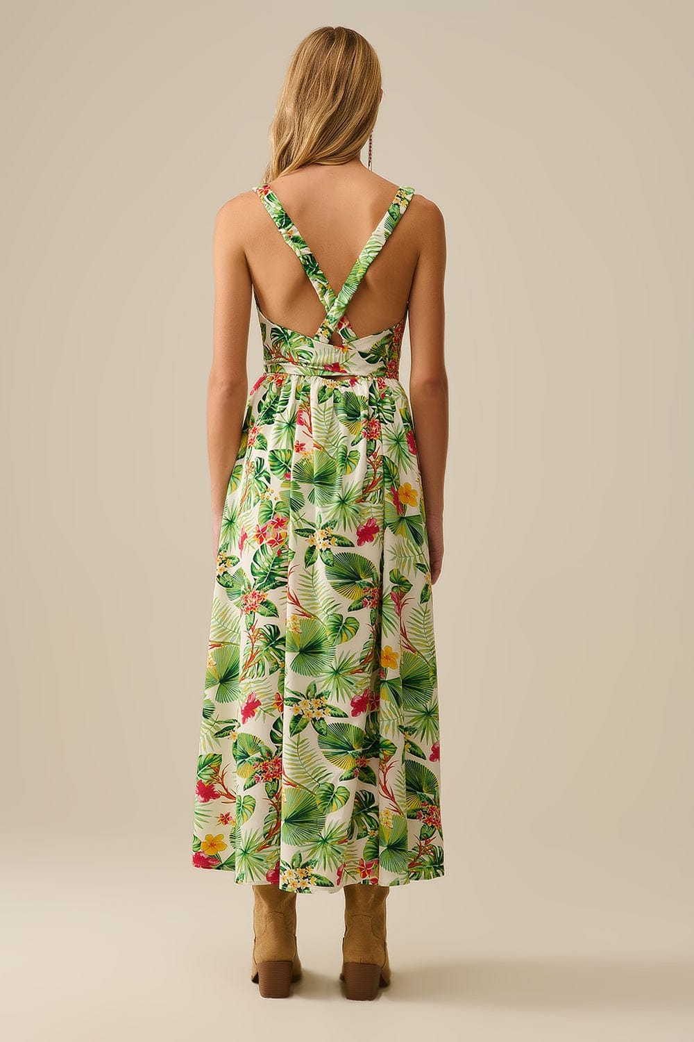 Q2 Women's Dress White Long Wrap Dress With Tropical Print