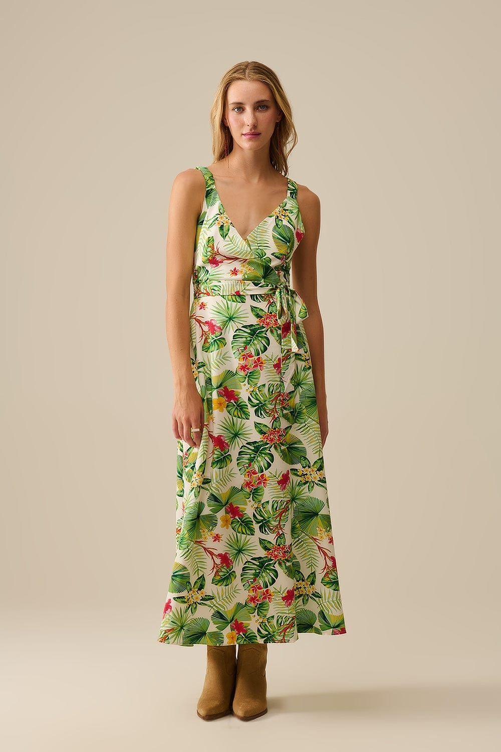 Q2 Women's Dress White Long Wrap Dress With Tropical Print