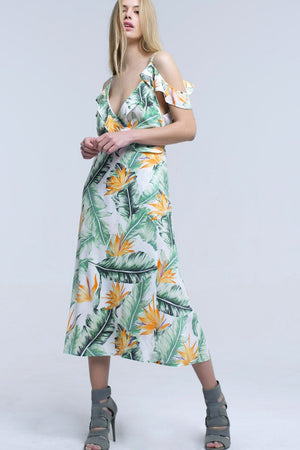 Q2 Women's Dress White midi dress in tropical leaves