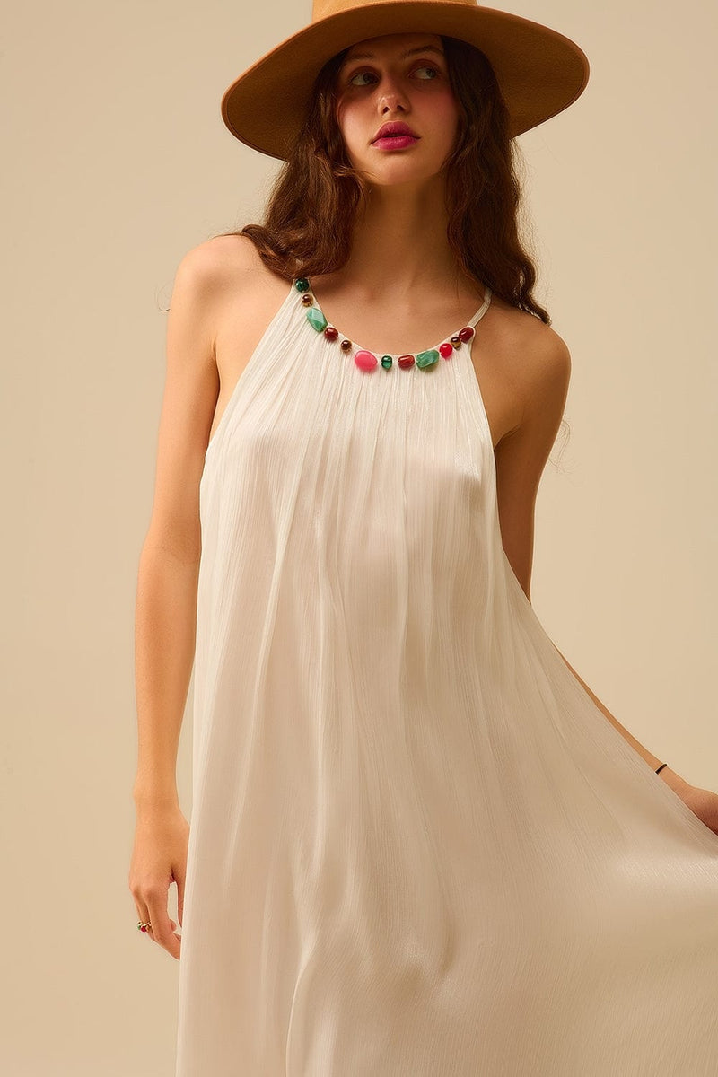 Q2 Women's Dress White Pleated Halter Long Dress With Beaded Neckline