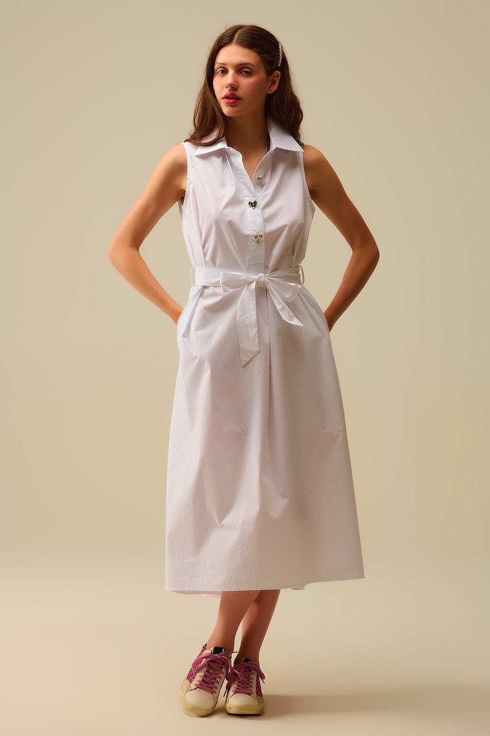 Q2 Women's Dress White Poplin Midi Dress With Silver Heart-Shaped Buttons