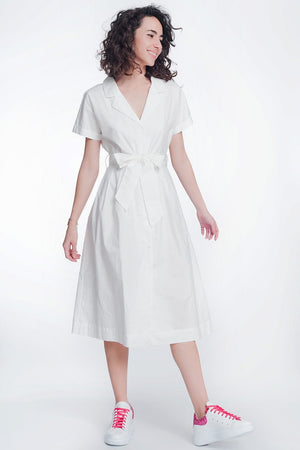 Q2 Women's Dress White poplin shirt dress with belt and short sleeve