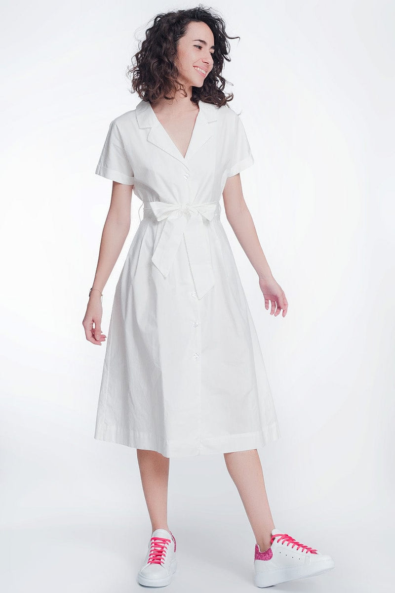 Q2 Women's Dress White poplin shirt dress with belt and short sleeve