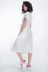 Q2 Women's Dress White poplin shirt dress with belt and short sleeve