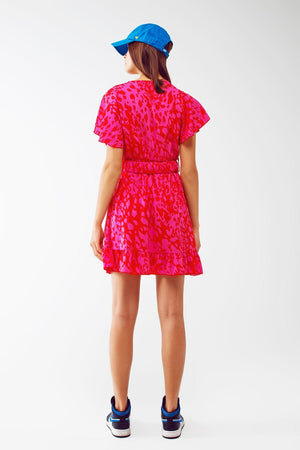 Q2 Women's Dress Wrap Belted Animal Print Mini Dress in Fuchsia