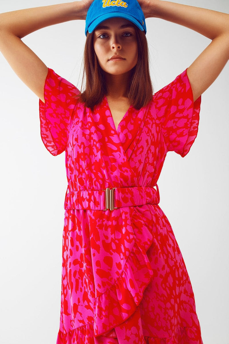 Q2 Women's Dress Wrap Belted Animal Print Mini Dress in Fuchsia