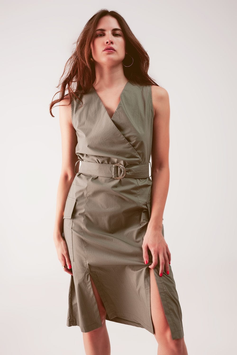 Q2 Women's Dress Wrap Dress with Tie Waist Detail in Khaki