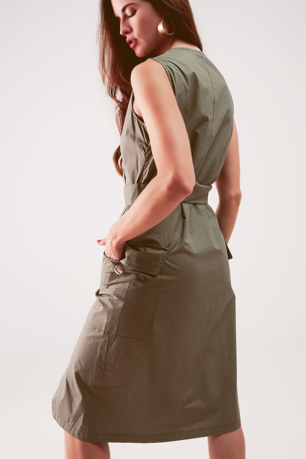 Q2 Women's Dress Wrap Dress with Tie Waist Detail in Khaki