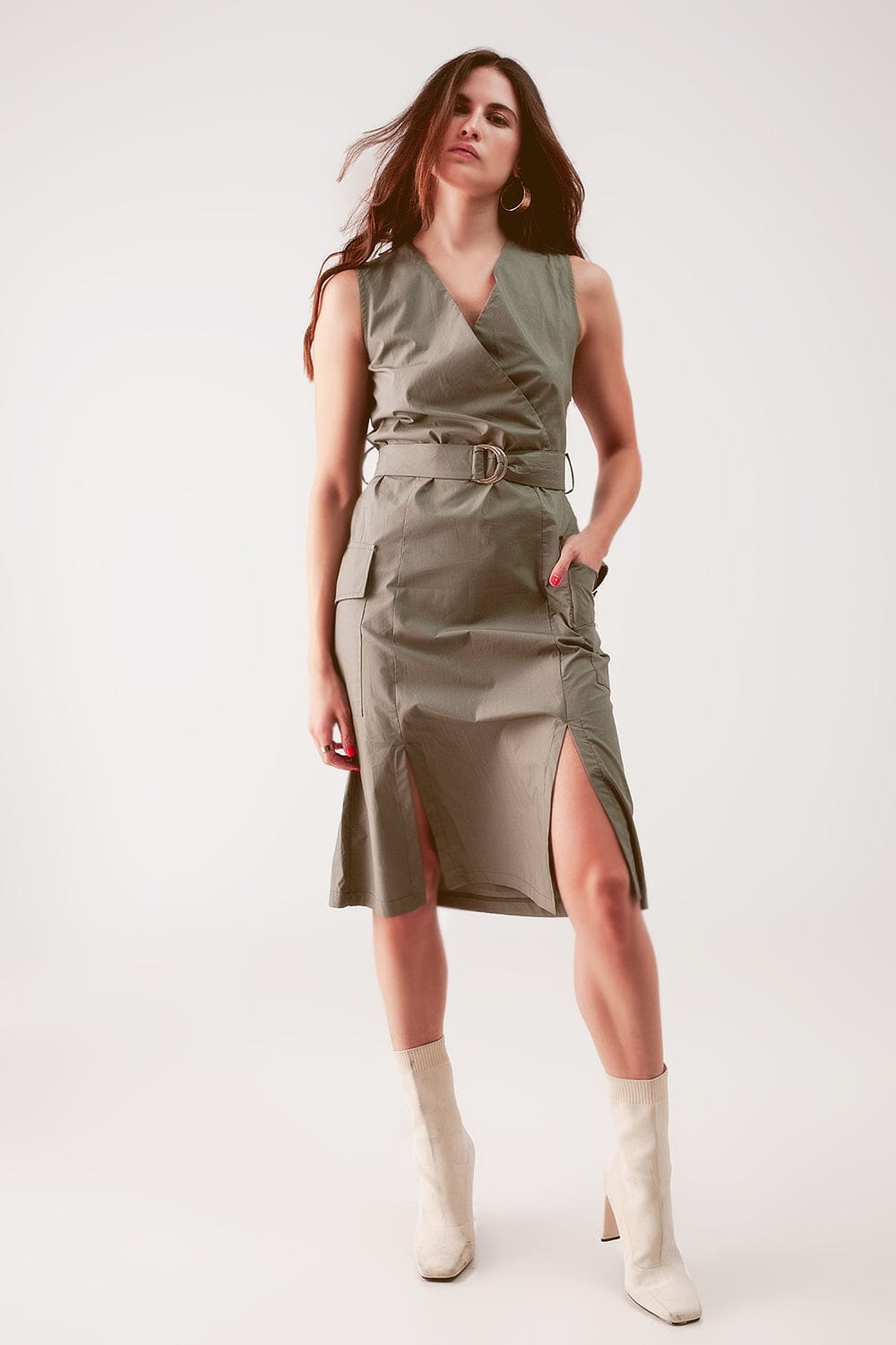 Q2 Women's Dress Wrap Dress with Tie Waist Detail in Khaki
