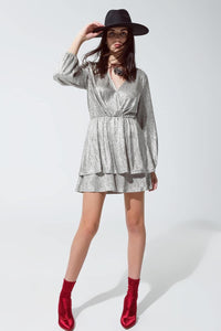 Q2 Women's Dress Wrap Long Sleeve Tiered Silver Dress