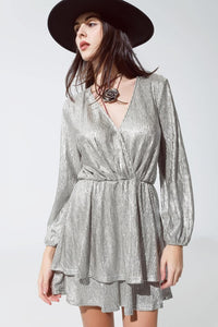 Q2 Women's Dress Wrap Long Sleeve Tiered Silver Dress