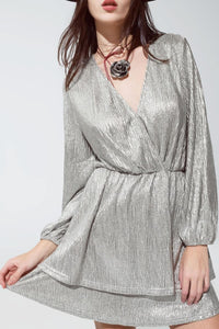 Q2 Women's Dress Wrap Long Sleeve Tiered Silver Dress