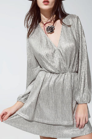 Q2 Women's Dress Wrap Long Sleeve Tiered Silver Dress