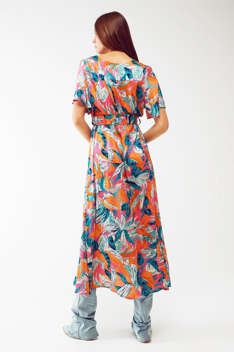 Q2 Women's Dress Wrap Maxi Belted Dress With Floral Print In Orange
