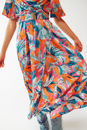 Q2 Women's Dress Wrap Maxi Belted Dress With Floral Print In Orange