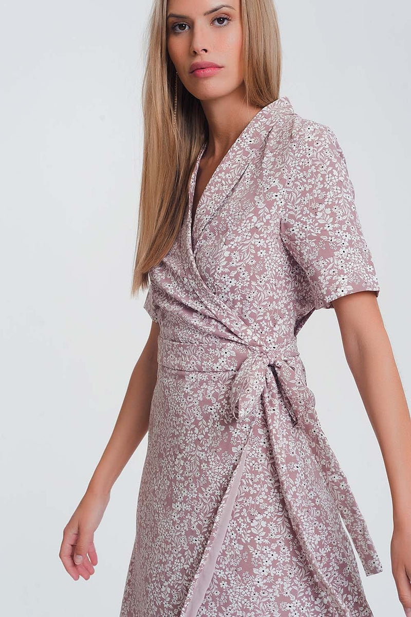 Q2 Women's Dress Wrap midi dress in pink floral print