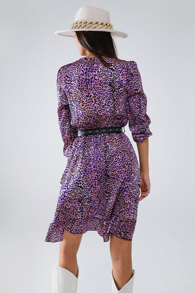 Q2 Women's Dress Wrap Purple Animal Print Dress With Ruffle Skirt