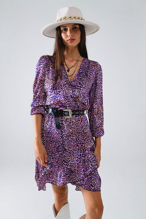 Q2 Women's Dress Wrap Purple Animal Print Dress With Ruffle Skirt