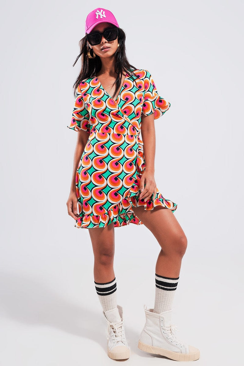 Q2 Women's Dress Wrap Ruffle Hem Mini Dress in 70s Orange Print
