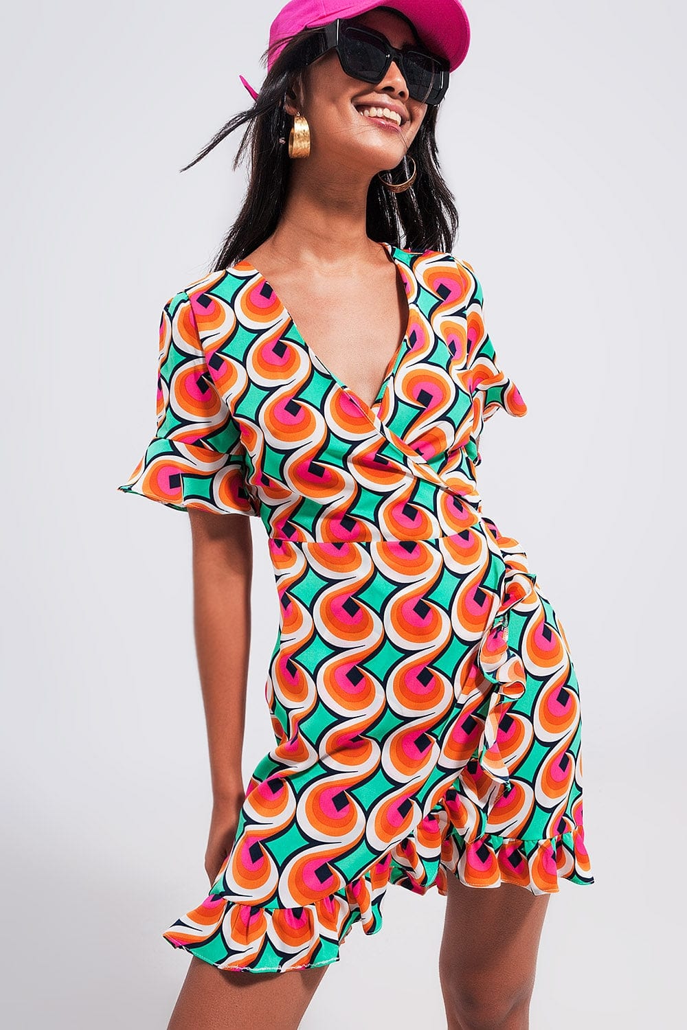 Q2 Women's Dress Wrap Ruffle Hem Mini Dress in 70s Orange Print