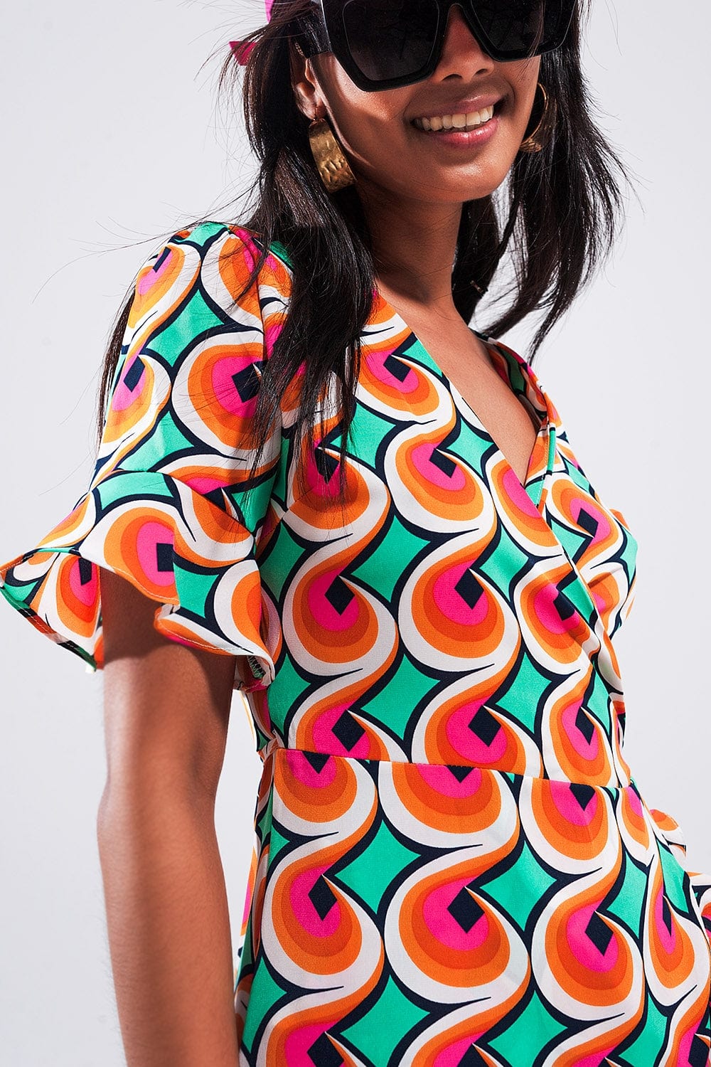 Q2 Women's Dress Wrap Ruffle Hem Mini Dress in 70s Orange Print
