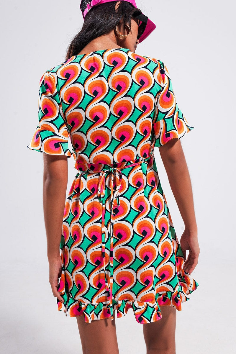 Q2 Women's Dress Wrap Ruffle Hem Mini Dress in 70s Orange Print